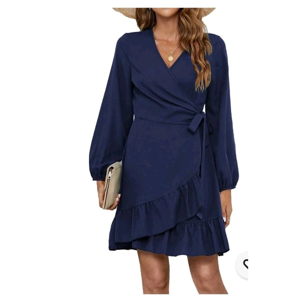 Womens Small Dress Long Sleeve Wrap V-Neck Ruffle Hem Navy Blue Casual Career